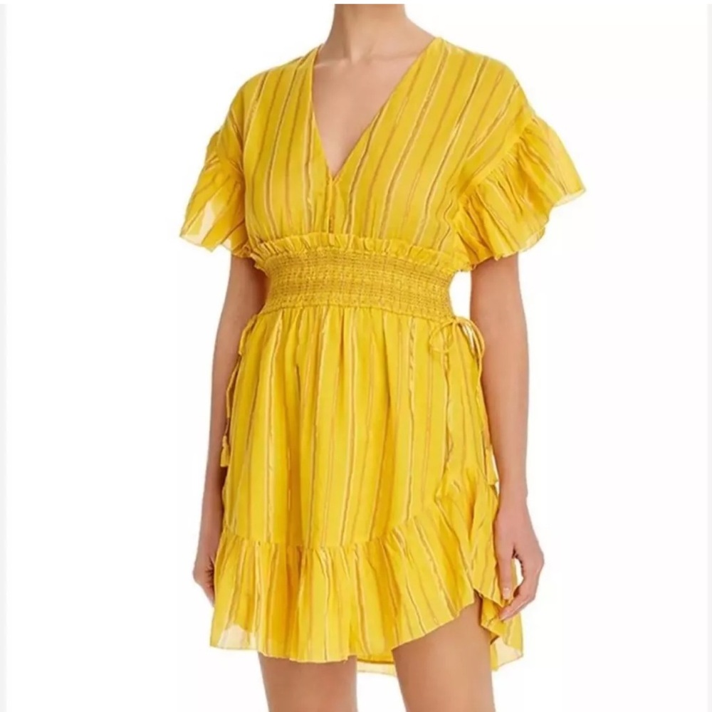 Saylor Size Small Yellow‎ Metallic Stripe Adrianne Ruffle-Sleeve Mini Dress EUC